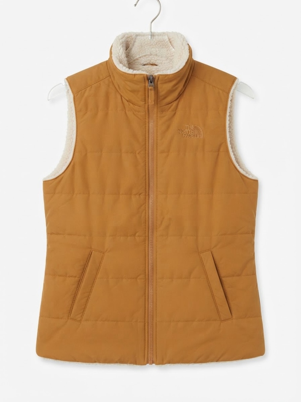The North Face Caramel Tan Sherpa-Lined Quilted Vest double sided. Women’s small